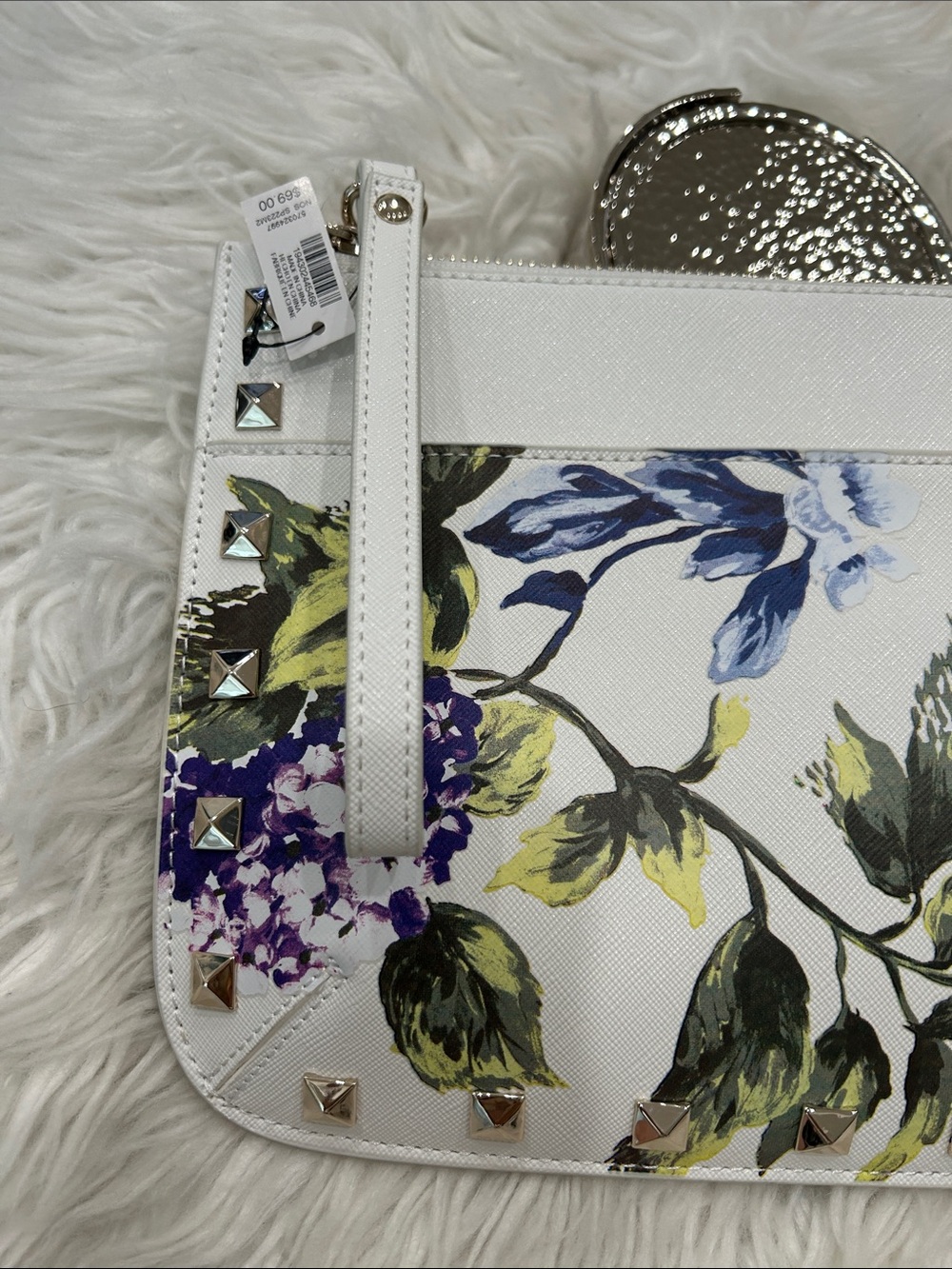 White House Black Market White Floral Studded Wristlet with Purple & Green Print - Picture 3 of 5